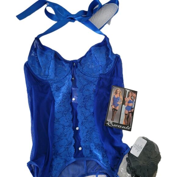 Y2k Escante Bustier Blue Mesh Corset G-String Stockings Set 3PC Coquette MED - Picture 7 of 9